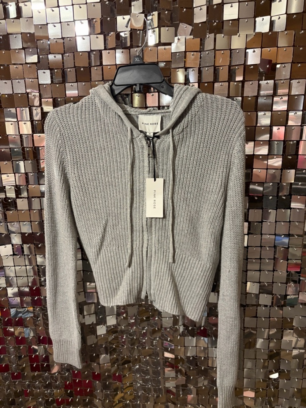PINK ROSE Light Gray Hooded Zip Knit Sweater